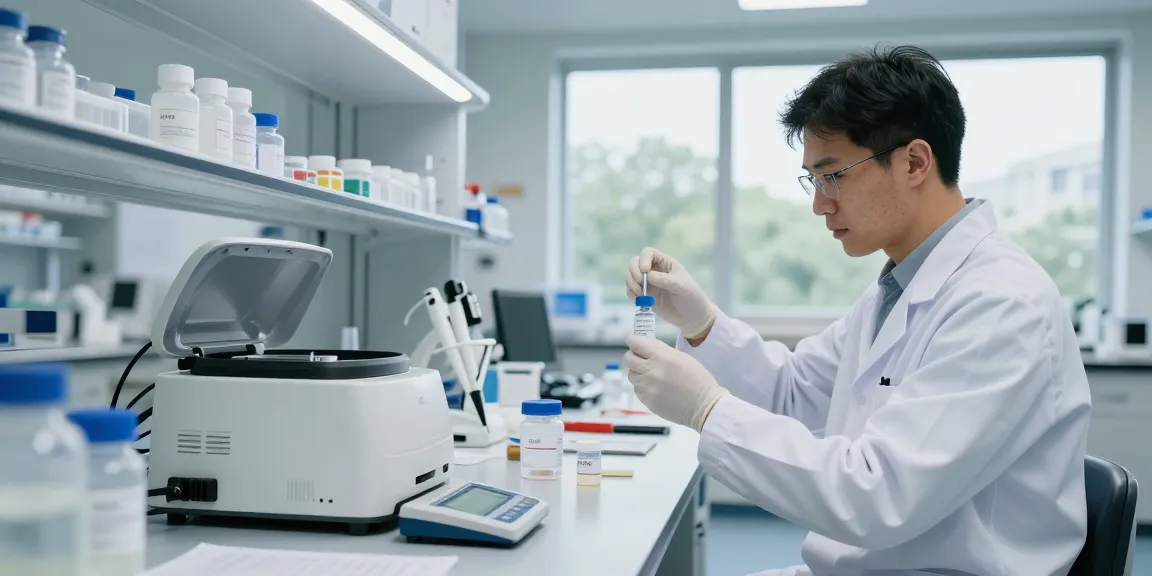 Scientist measuring peptides in high-tech lab for research peptide supplier analysis.