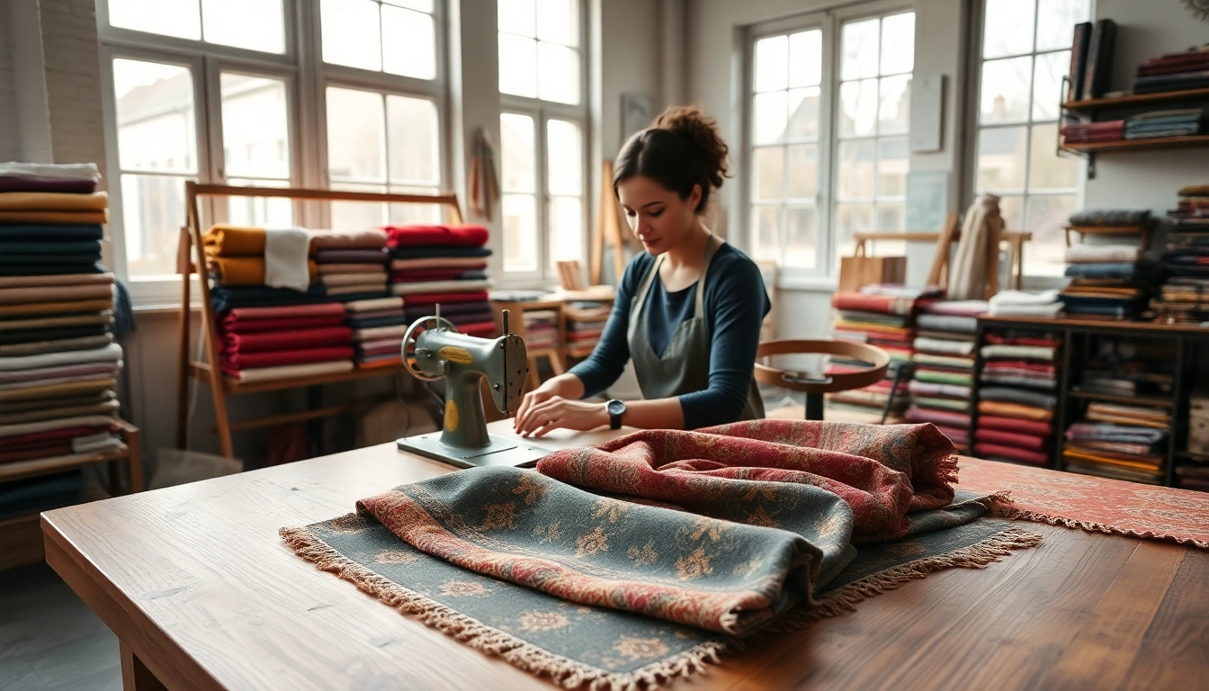 Gebruik van brabantse bont stoffen door een designer in een lichte workshop.