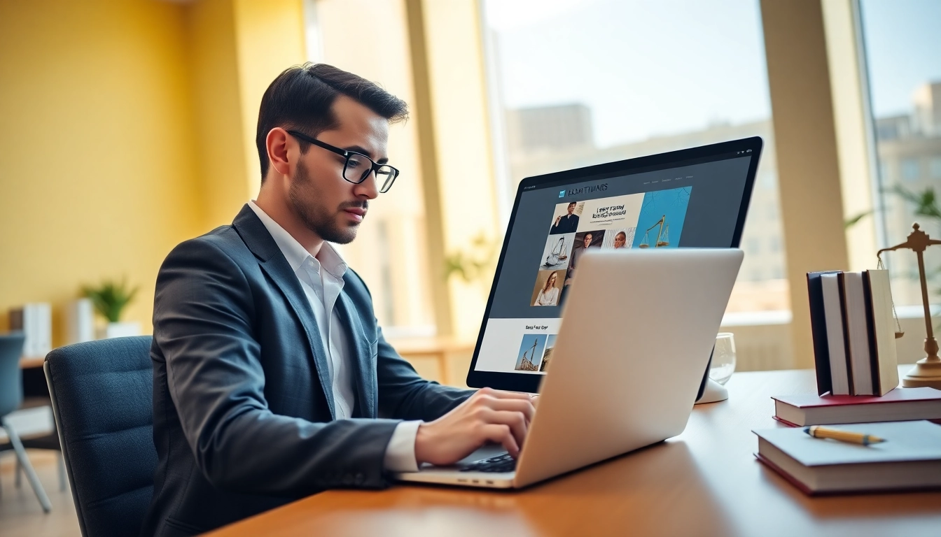 Designing a professional law firm website at https://www.websites.law in a modern office setting.