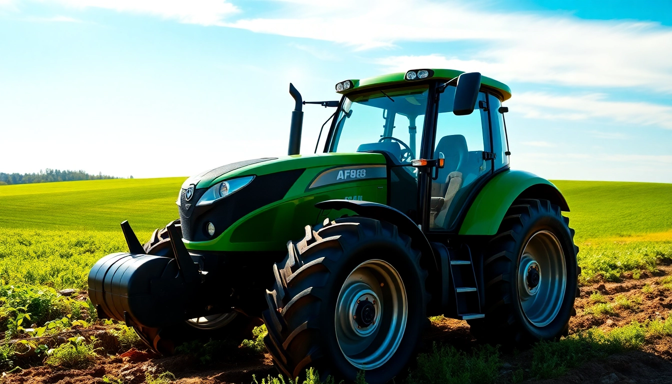 Spotlight on the AF88 tractor, showcasing its powerful design against a bright agricultural background.