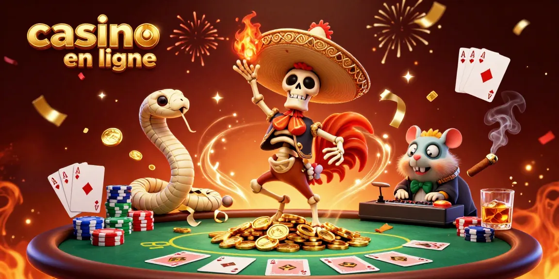 Les personnages de casino en ligne célèbrent au milieu de pièces dorées et de jetons de poker colorés.