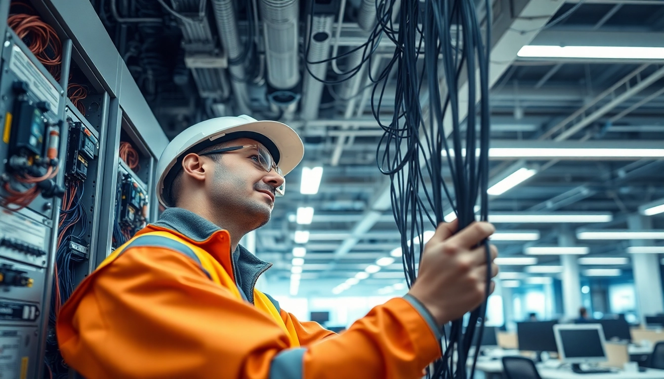Technician conducting commercial electrical maintenance checks in a modern office space.