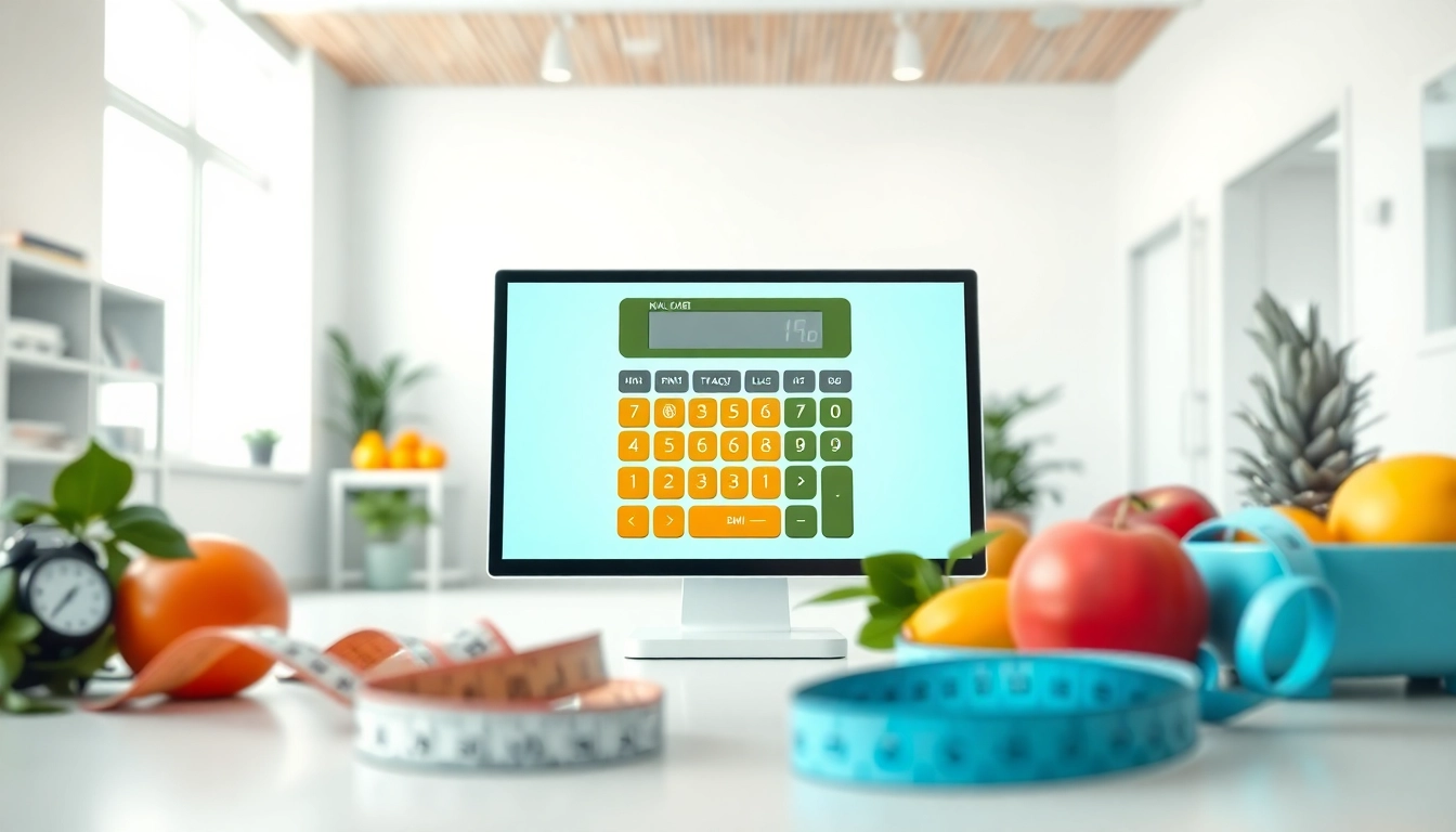Calculate your BMI using an advanced bmi calculator surrounded by health elements in a bright office.