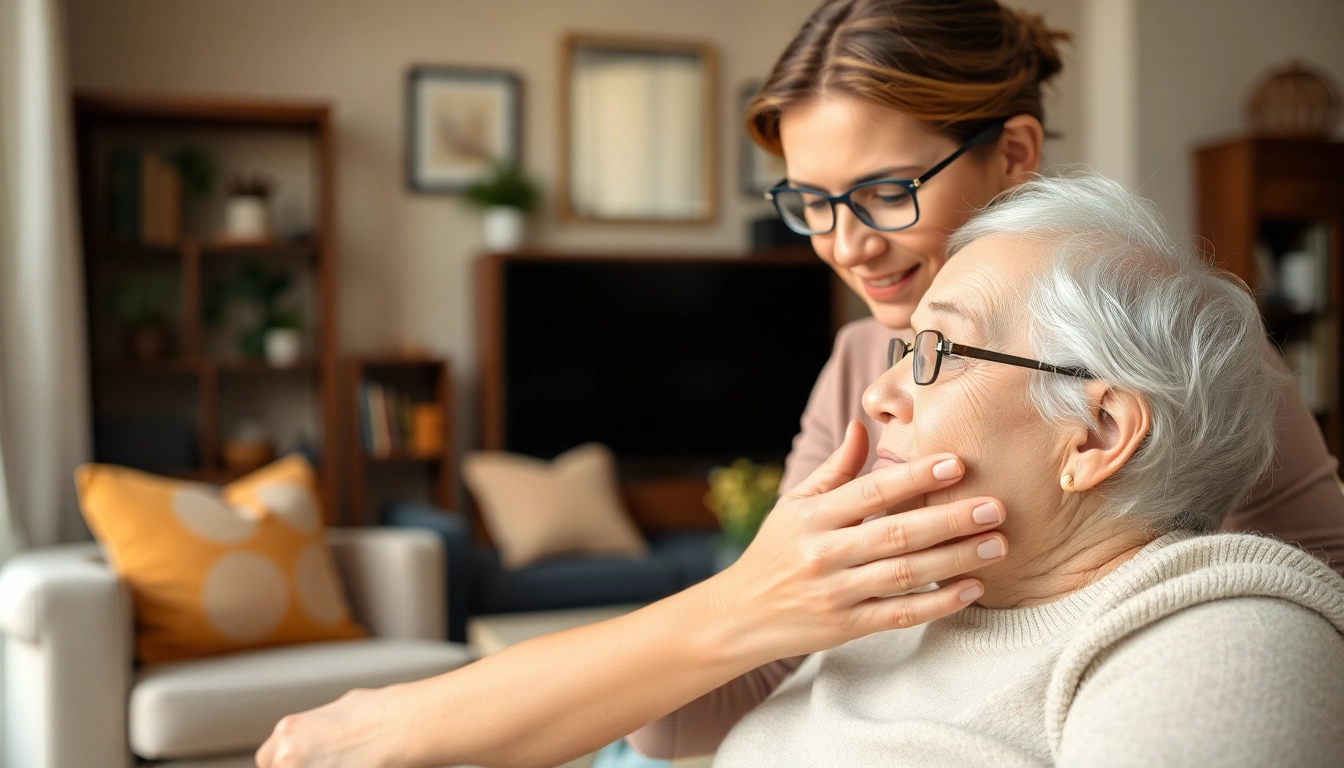 Caregiver assisting in home senior care with warmth and compassion in a cozy living room setting.