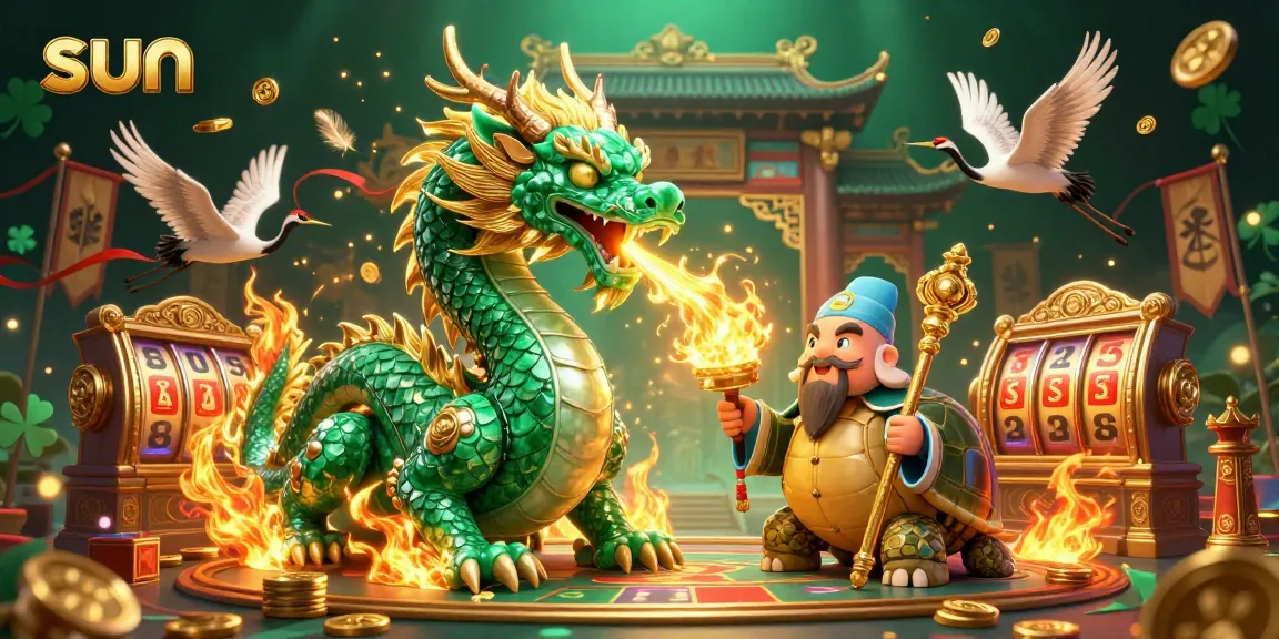 Spin the reels with sun-inspired luck in this vibrant casino scene featuring a jade dragon.
