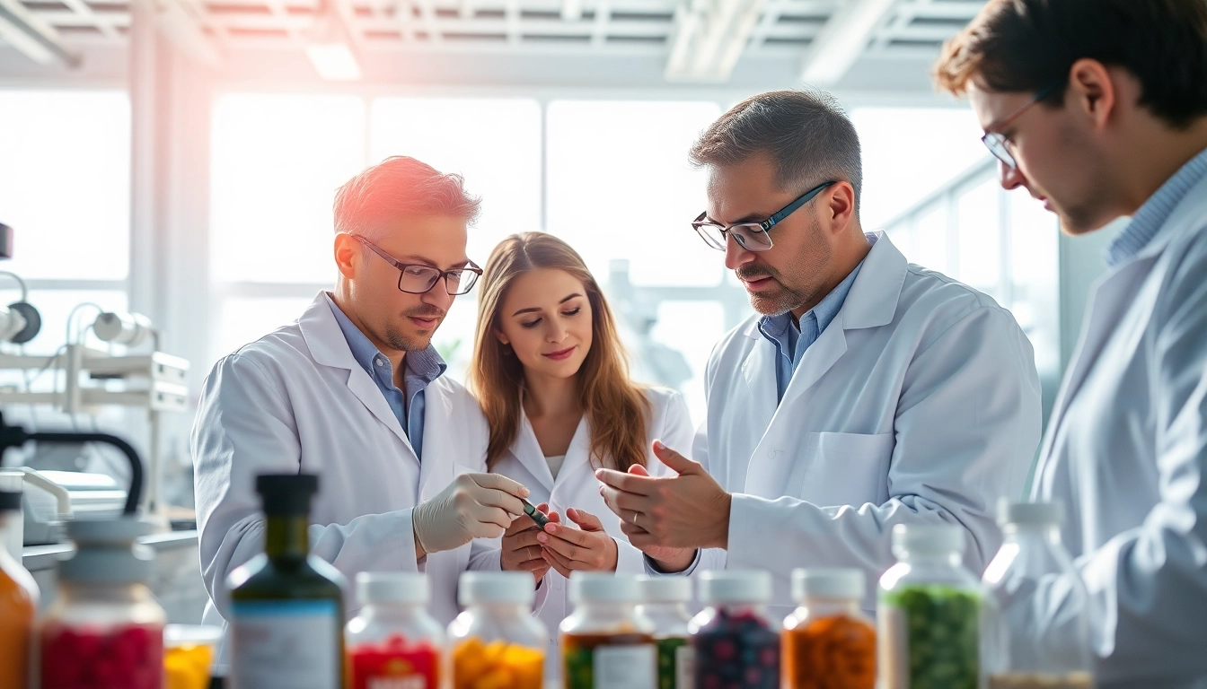Engaged supplement manufacturers collaborating in a high-tech lab environment.