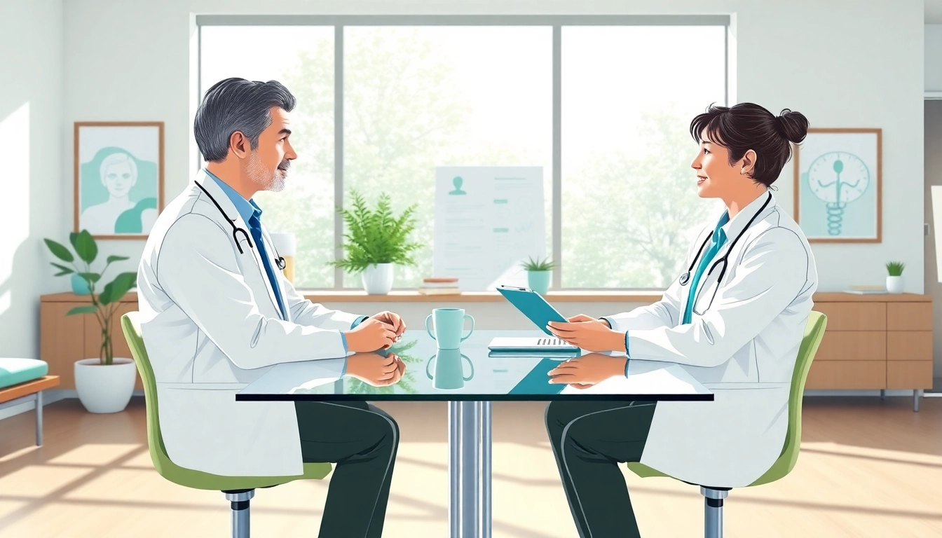 Consultation entre un expert de la santé et un patient sur https://kolivent.com, dans un cadre moderne et accueillant.