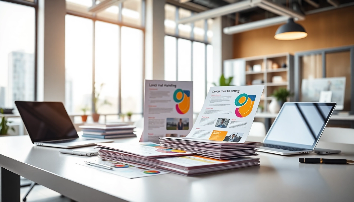 Atlas Direct Mail showcasing direct mail marketing materials in a vibrant office setting.
