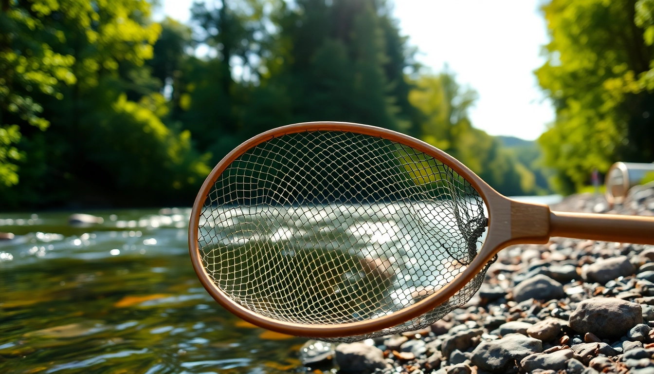 Catch a glimpse of a fly fishing net reflecting in serene morning light by the riverbank.
