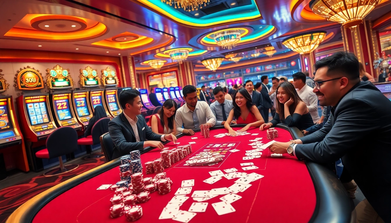 RR88 casino scene featuring luxurious poker gameplay with vibrant lights and engaging slot machines.