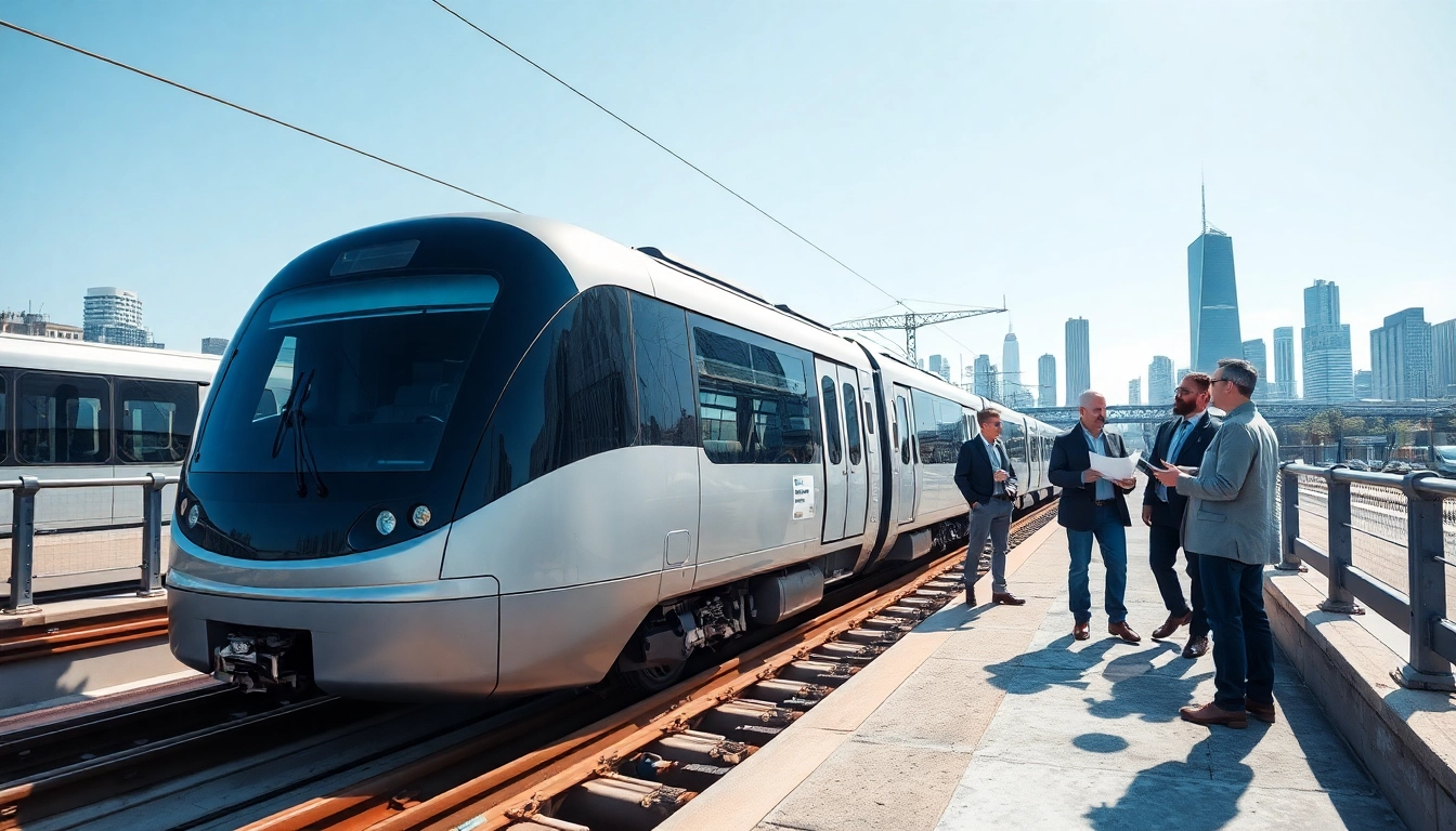 Engineers collaborating on modern rail systems project with advanced technology.