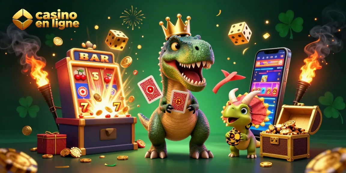 Vivez l'excitation des jeux de casino en ligne avec un T-Rex et ses amis animés.