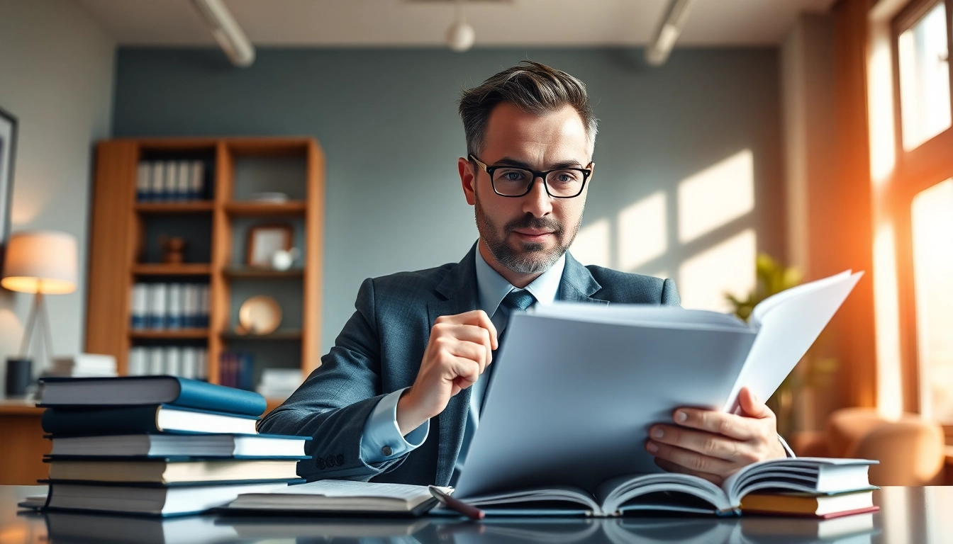 View a confident personal injury lawyer at https://www.cohanlegal.com reviewing legal documents in an inviting office.