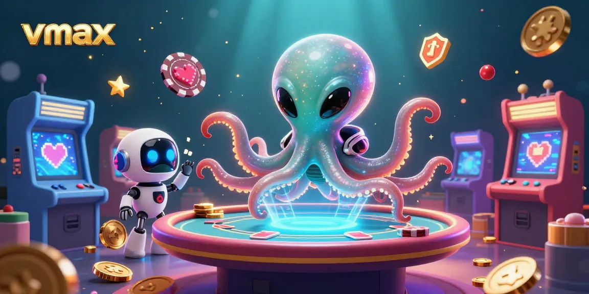 Win big at vmax with the alien octopus managing a holographic poker table in a colorful casino scene.