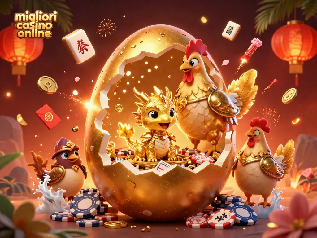 Gioca e vinci nei migliori casino online con un drago d'oro cristallizzato e gettoni colorati.