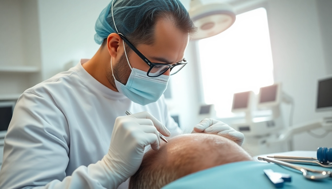 Surgeon performing a hair transplant turkey procedure in a modern clinic.