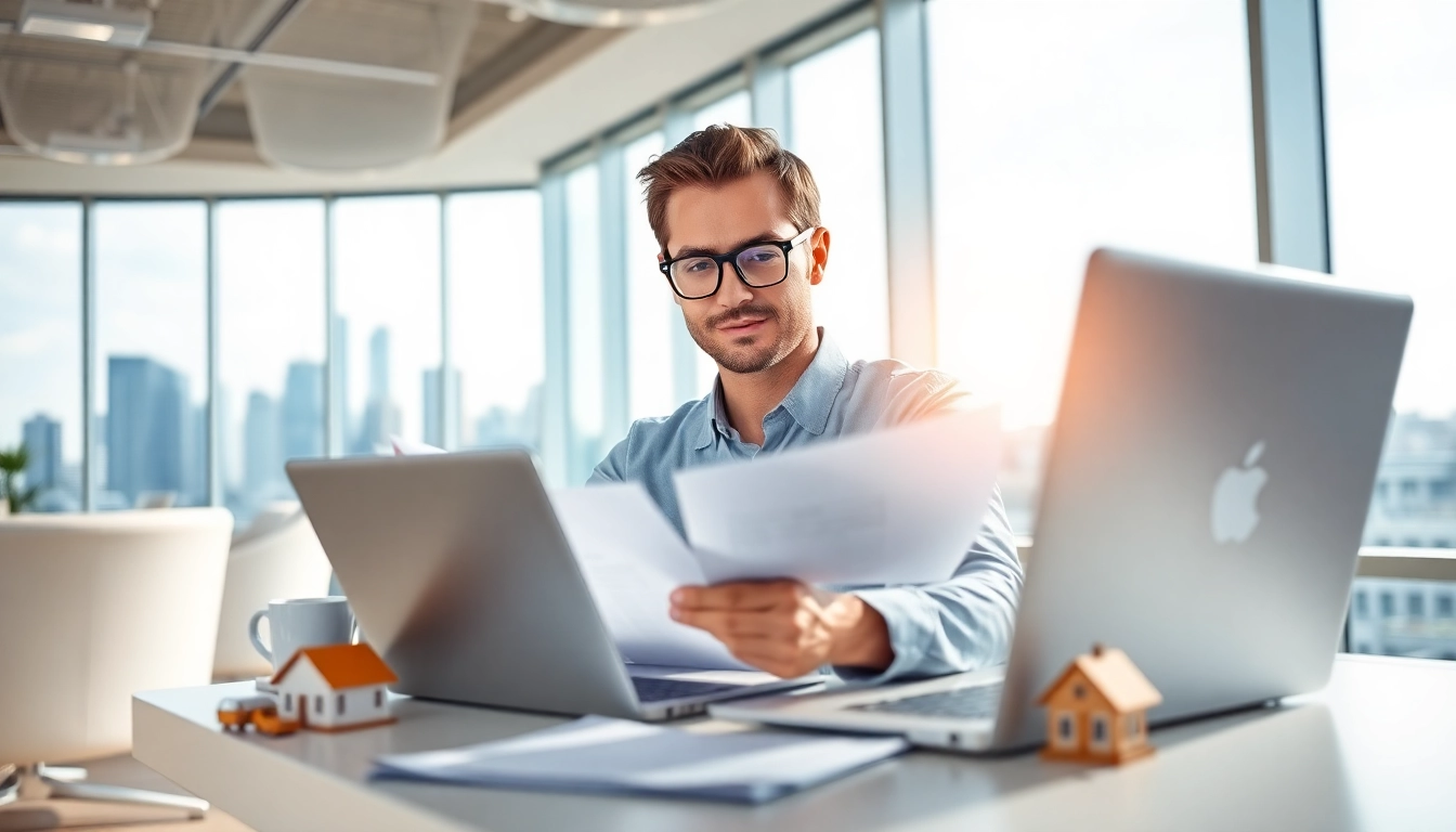 Real Estate agent reviewing documents in a modern office with city skyline view.