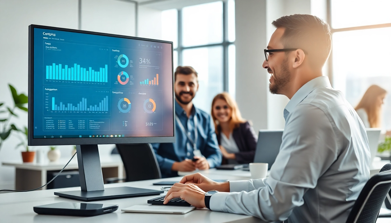 Showcasing an enterprise ai assistant in a collaborative office environment with advanced technology.