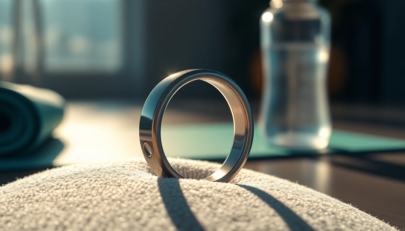 Showcasing a Smart Health Ring with a sleek design on a textured surface, highlighting its features.