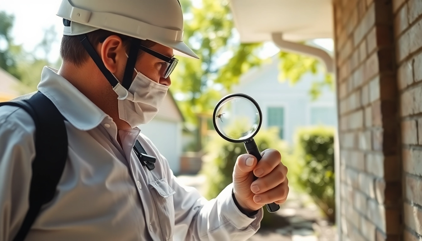 Contact local exterminator inspecting a home's foundation for pest issues with professional gear.