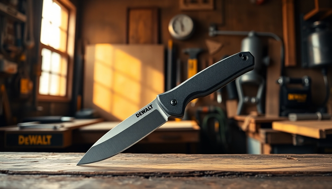 Craft expertly with the DeWalt knife's precision blade on a workbench.