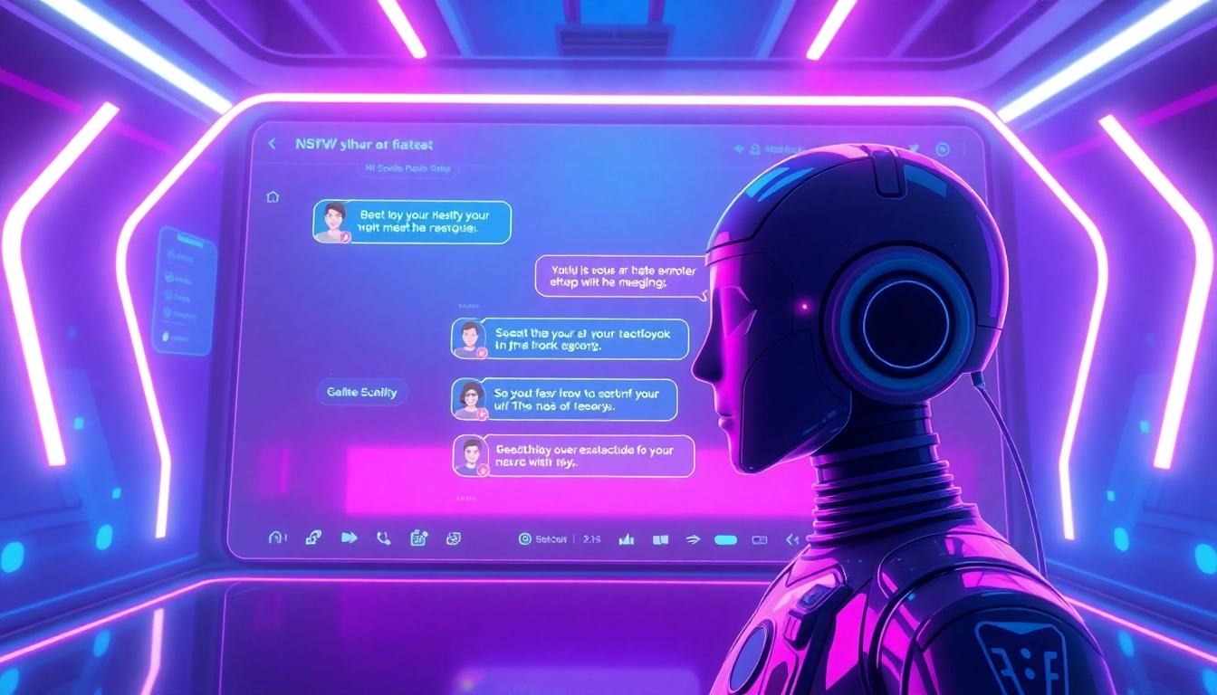 Interactive scene of a free NSFW AI chatbot in a futuristic chat environment with vibrant colors.