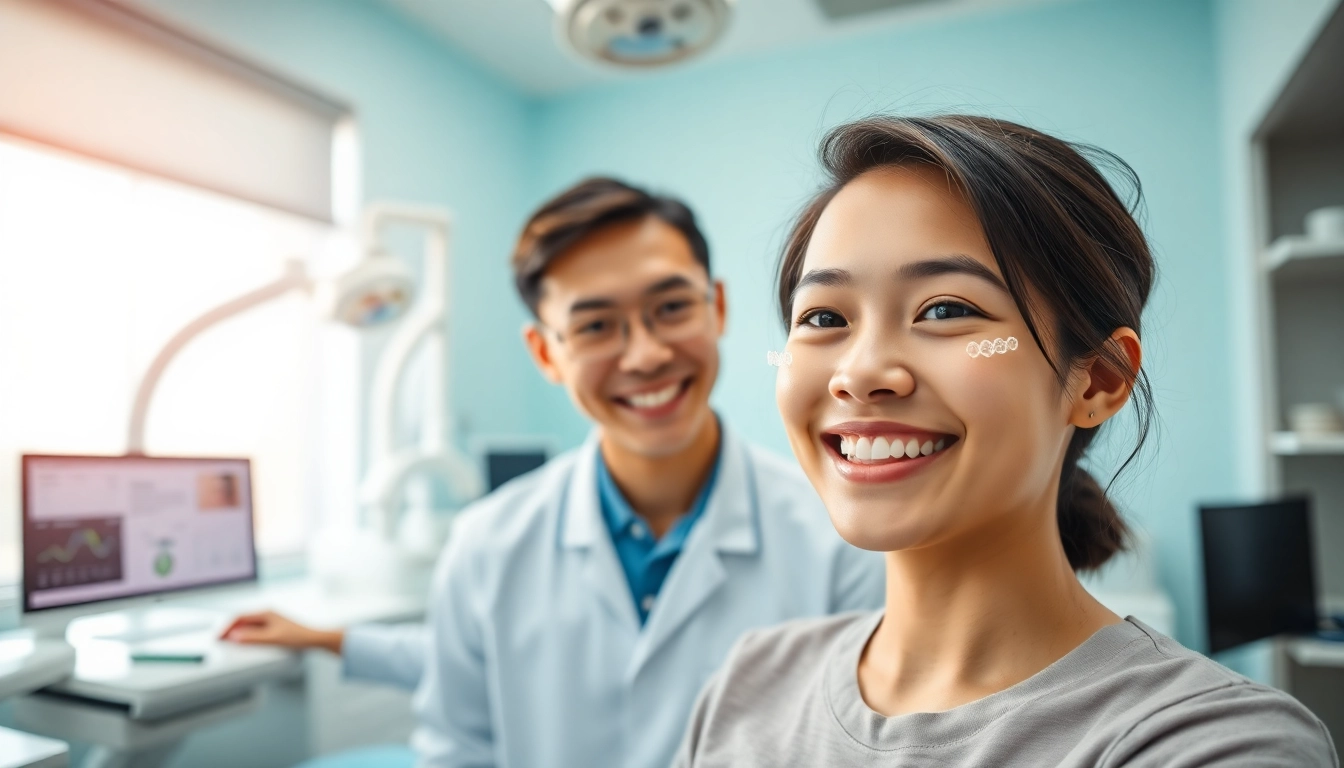 Invisalign Malaysia consultation with a smiling patient and clear aligners in a modern dental clinic.