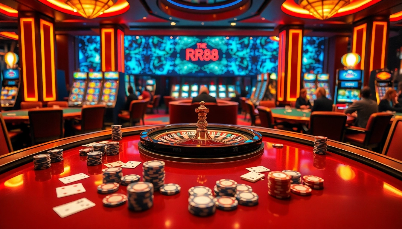 Exciting players engaging at a premium RR88 casino table with roulette and poker.
