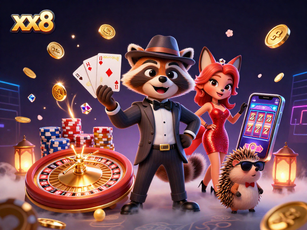 Experience excitement with xx8 featuring a raccoon, fox, and a bouncer at a vibrant casino scene.