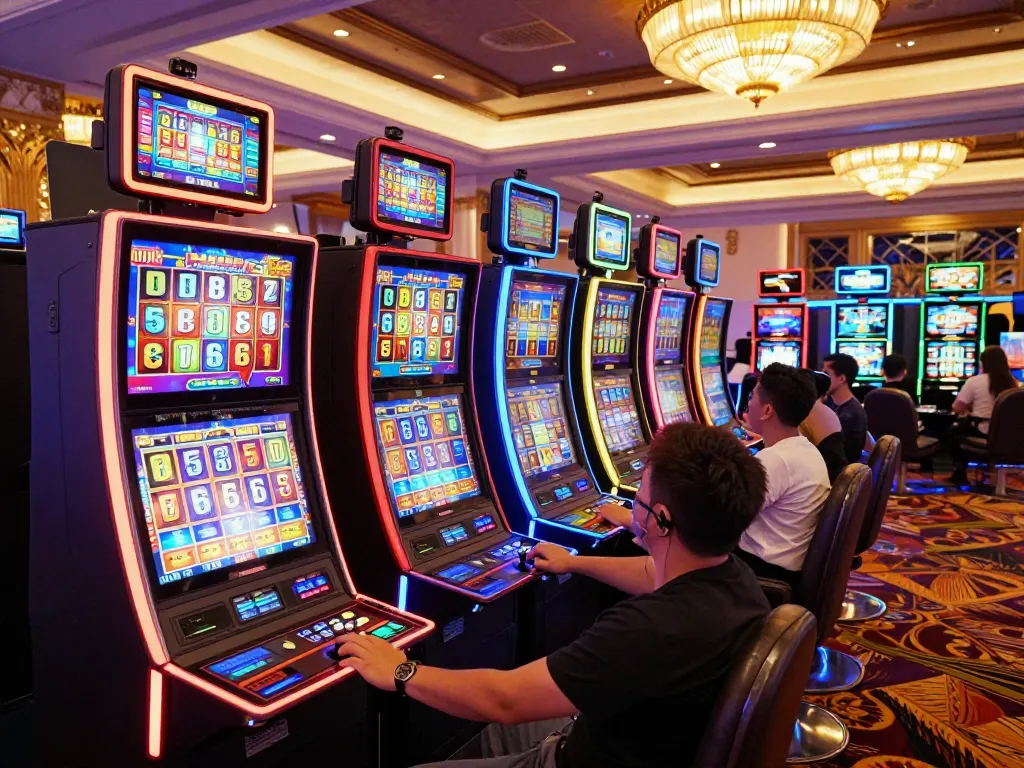 Kèo nhà cái at a lively casino with players engaging in vibrant slot machine action