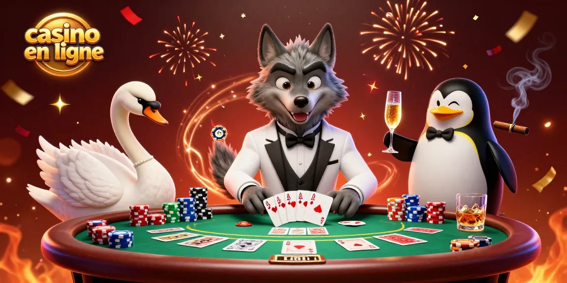 Cette illustration met en scène un casino en ligne avec un loup élégant et une cygne distribuant des cartes.