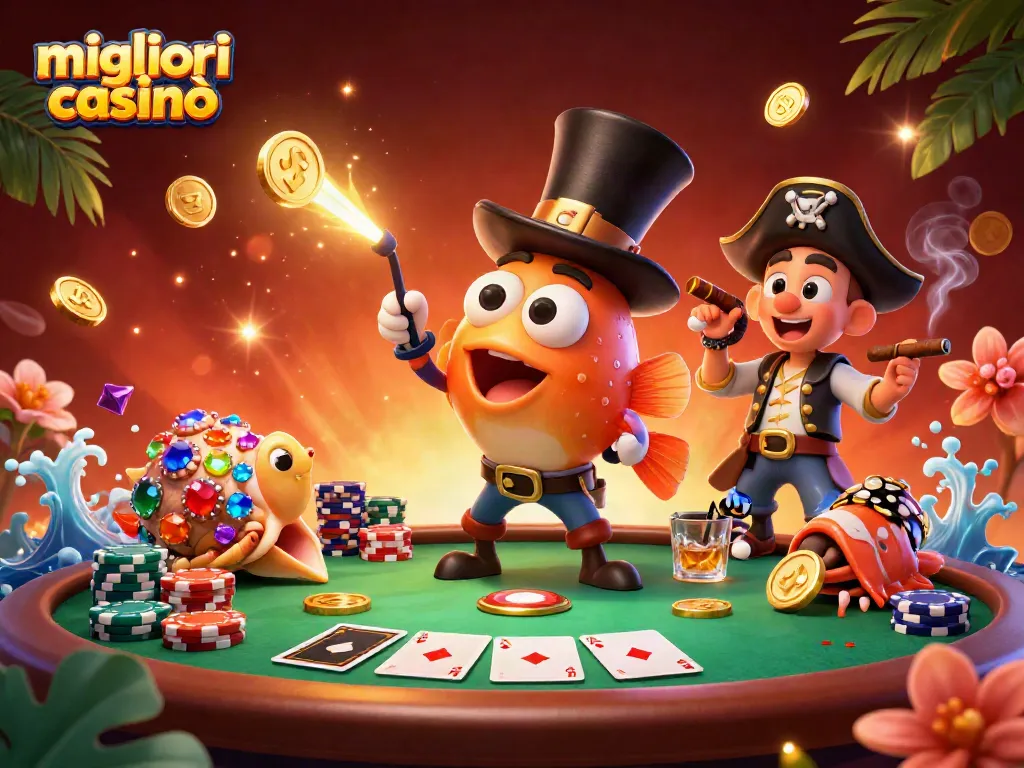 Gioca nei migliori casinò online con l'illustrazione vivace di un pesce angler e una lumaca tesoro in un contesto di poker.
