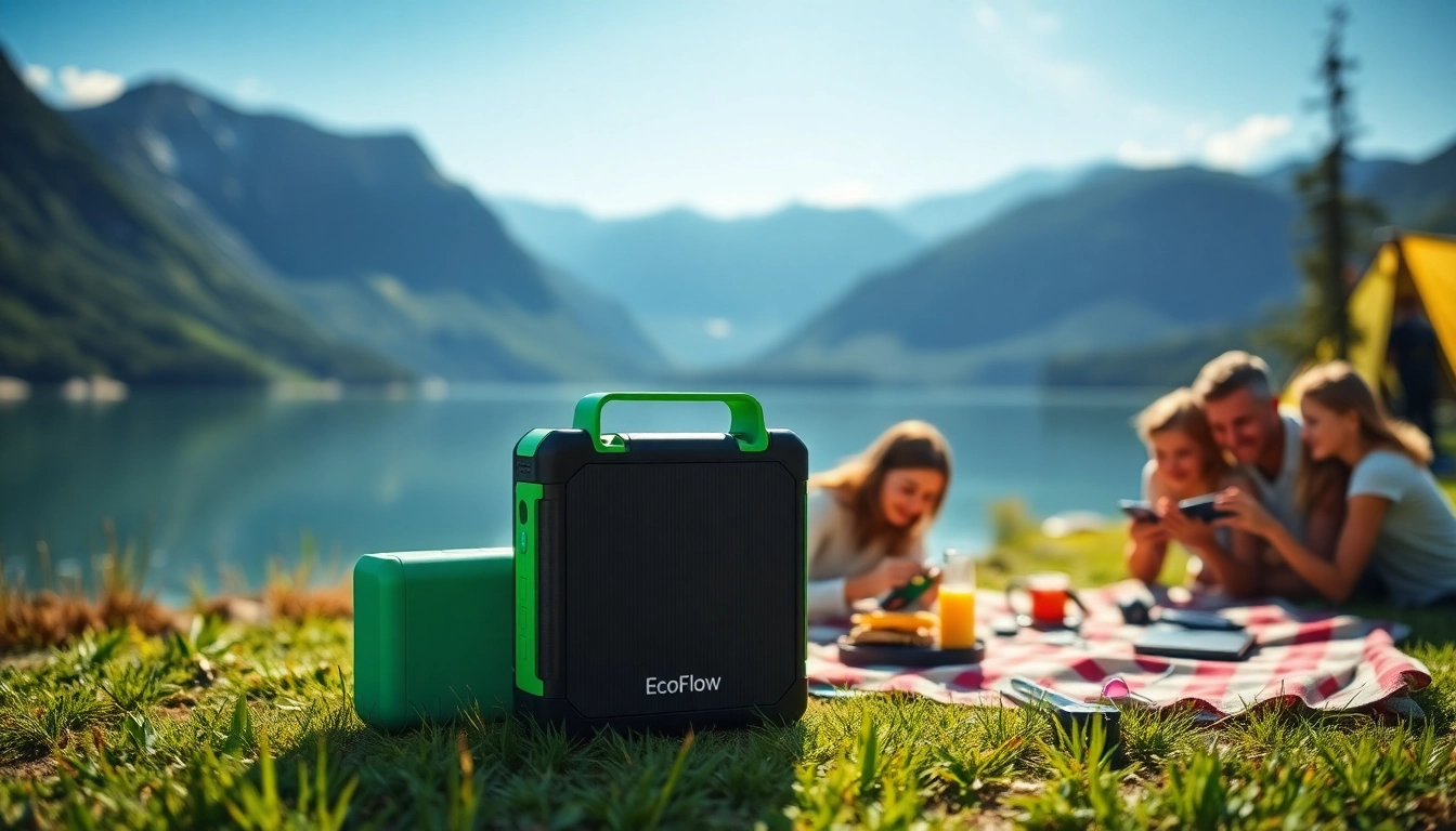 Showcase EcoFlow portable power stations powering outdoor family activities by a lake.