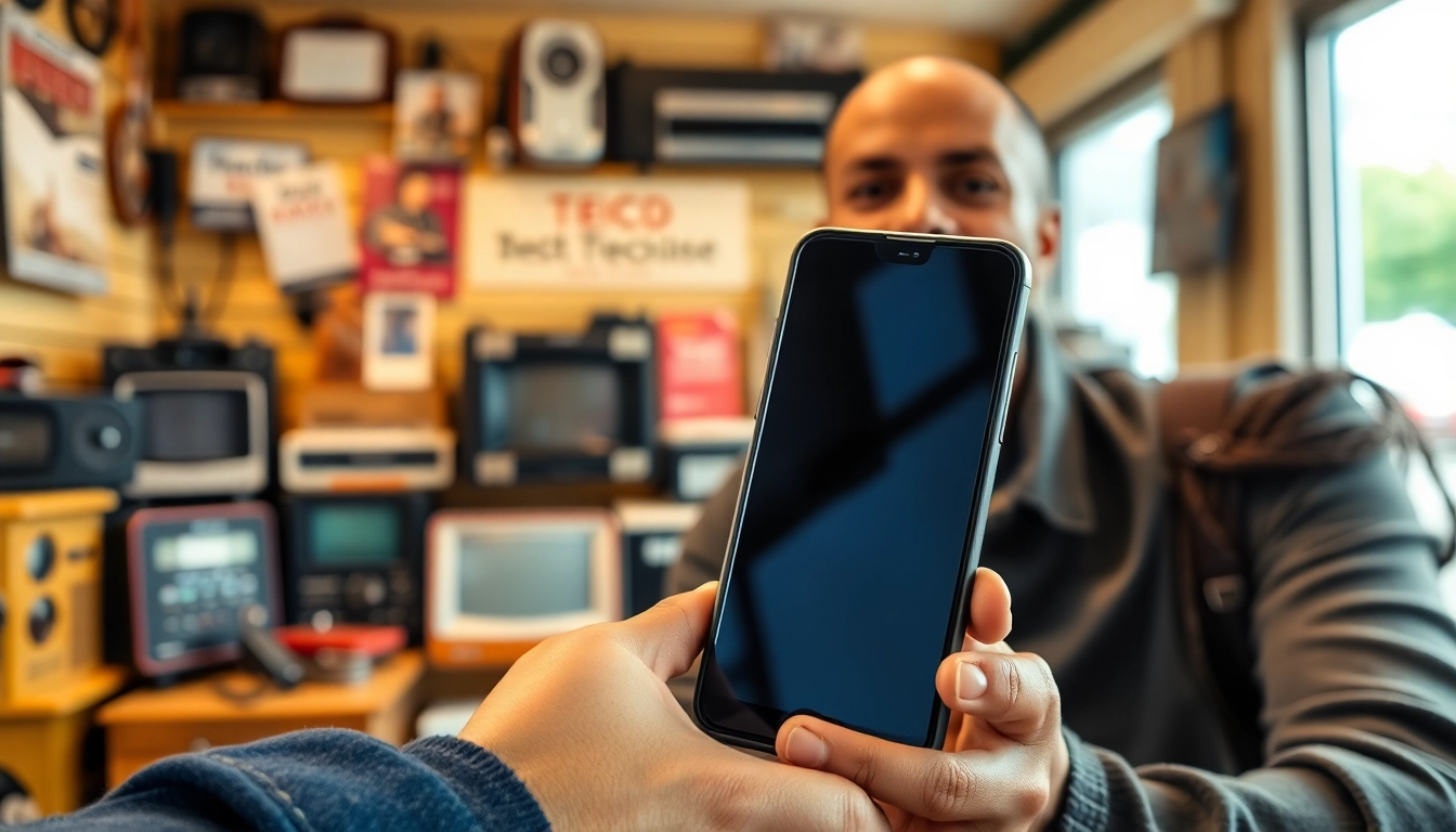 We buy old phones from satisfied customers in a vibrant tech shop.
