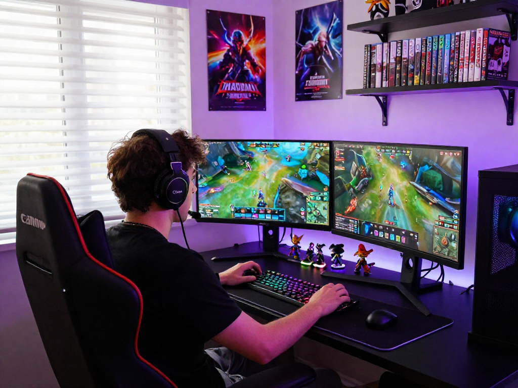 Gamer using rokok88 link alternatif on multiple monitors in a stylish gaming setup.