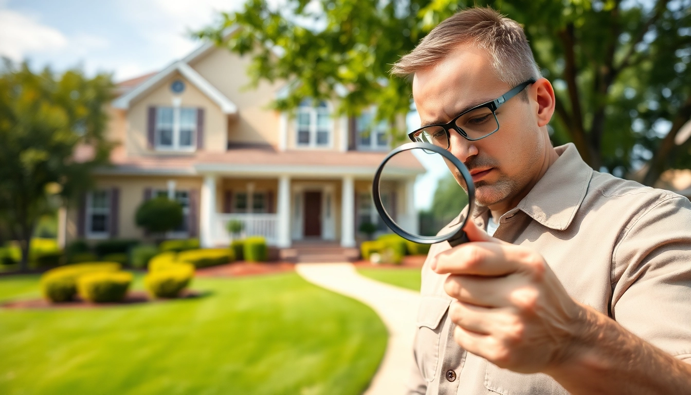 Contact insect control company inspecting a home for pest infestations with a technician closely examining areas.