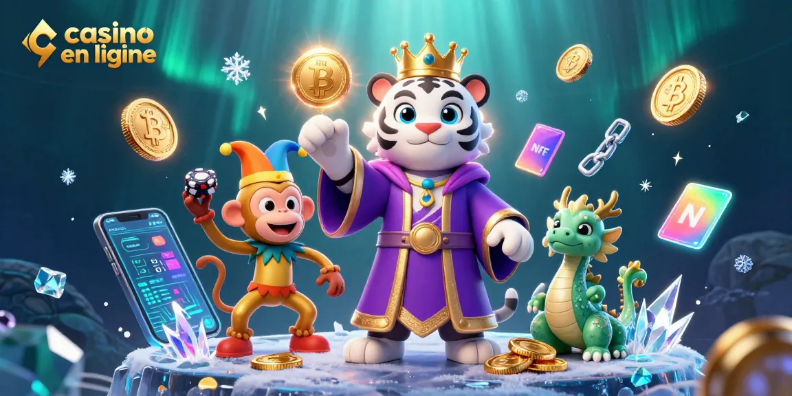 Illustration d'un tigre blanc en robe royale et couronne, accompagnés d'une mascotte jonglant des jetons dans un casino en ligne.