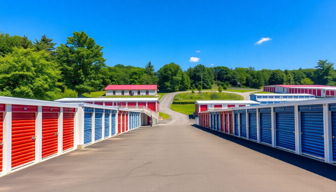View of self storage units showcasing various sizes and vibrant colors in a well-kept facility.