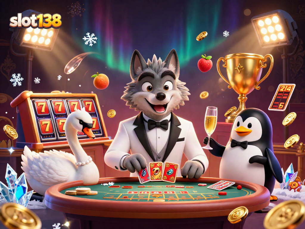 Experience excitement at slot138 featuring a debonair wolf, elegant swan, and sophisticated penguin amidst vibrant gaming elements.
