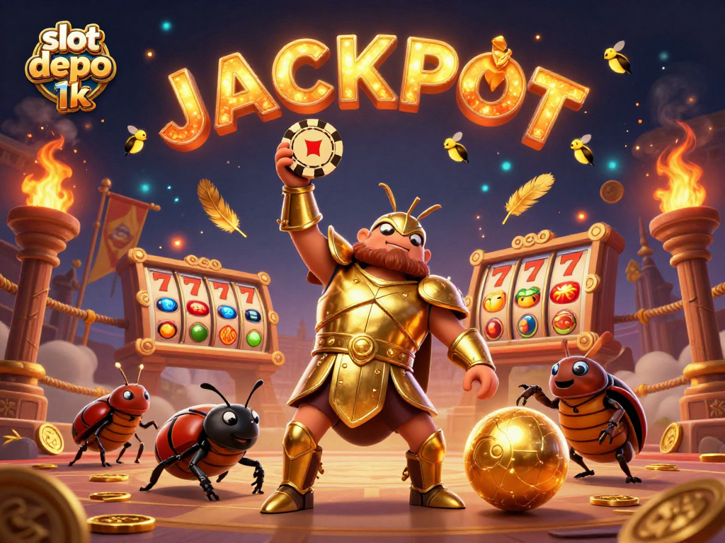 Gambarkan slot depo 1k dengan ilustrasi kartu poker dan jackpot yang dikelilingi serangga berkilau.