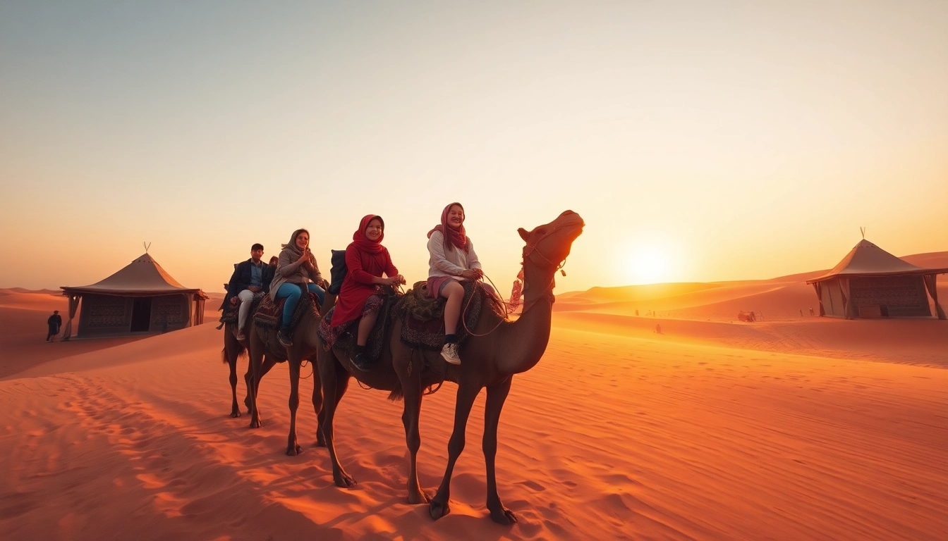 Camel ride Marrakech: Adventurers enjoy a sunset camel ride in the Agafay Desert with vibrant colors and cultural elements.