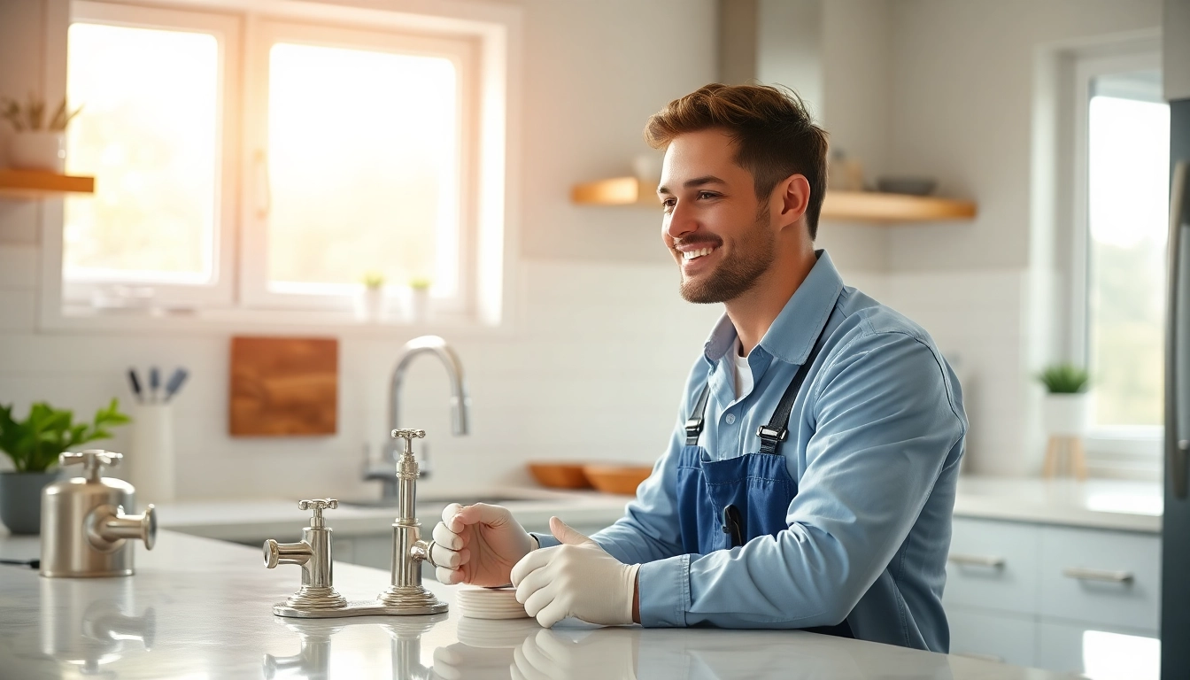 Local plumber assisting a customer in a bright kitchen with plumbing tools.