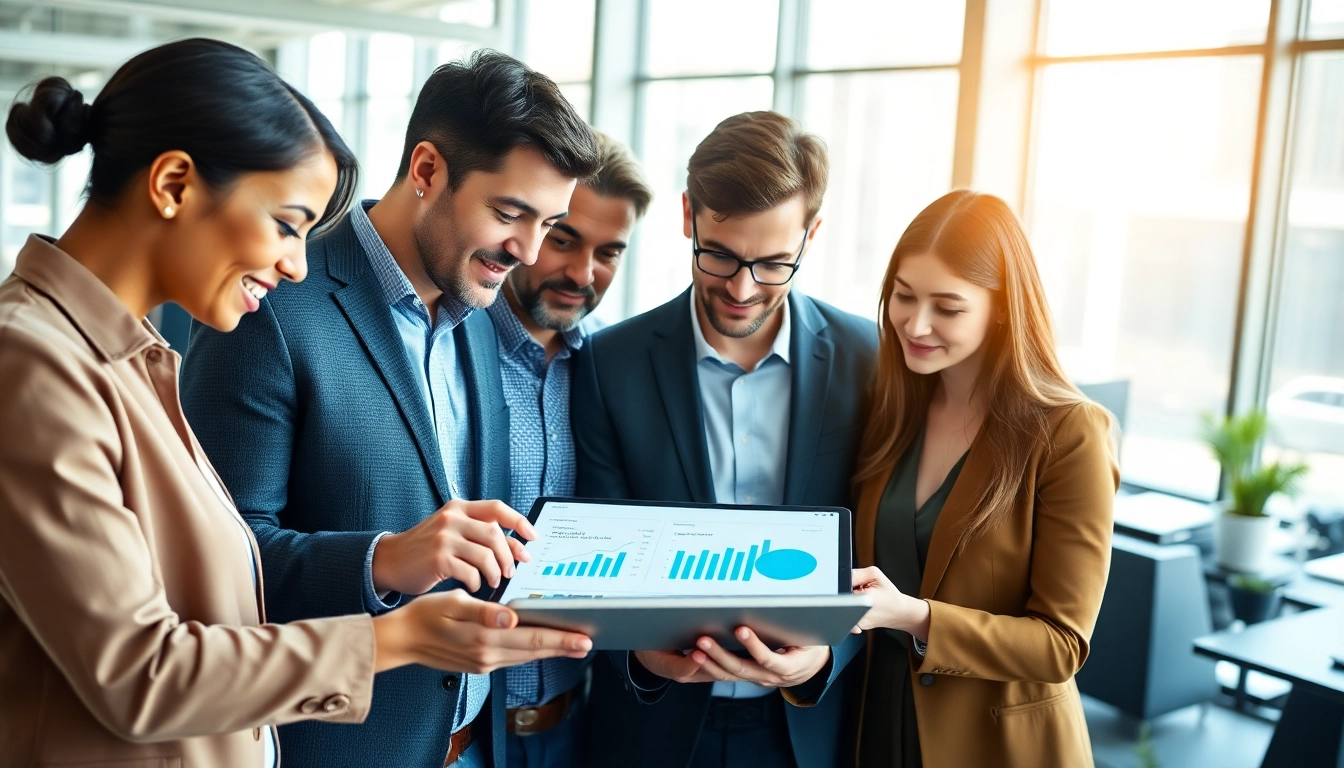 Engaged team members using sales staffing platforms to collaborate in a modern office.