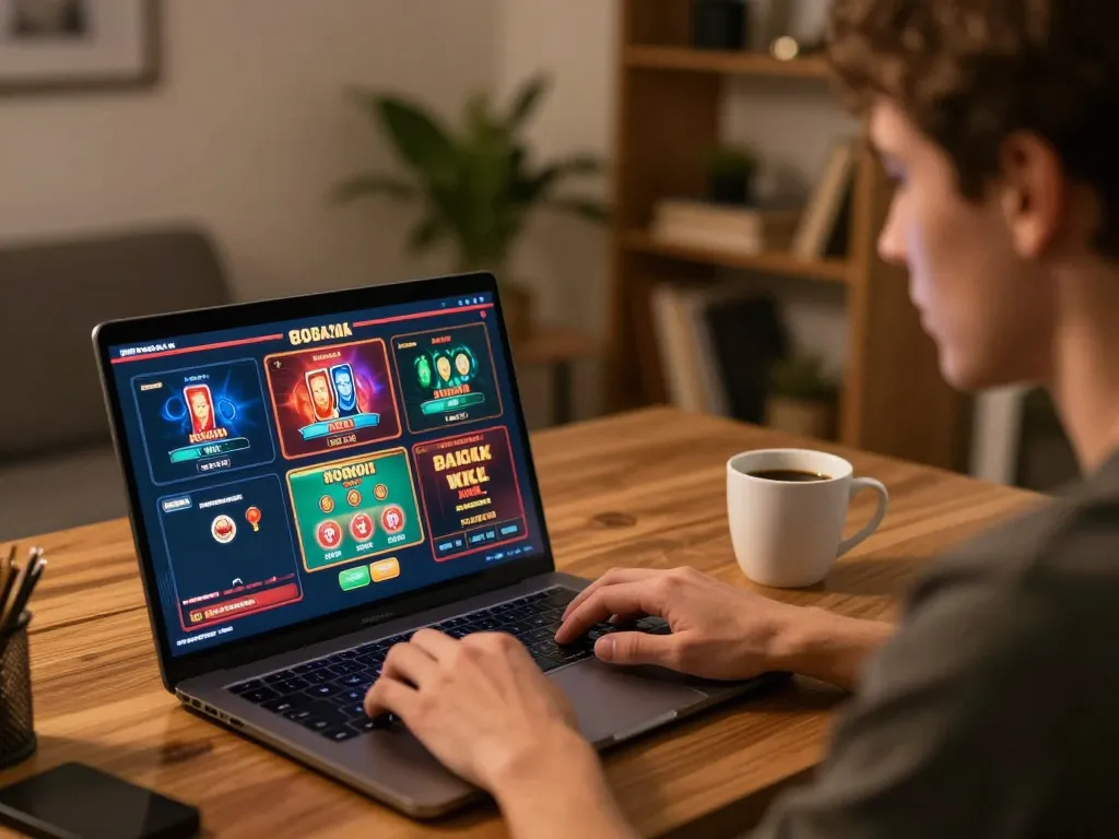 A player engages with online casino games on their laptop, embodying responsible entertainment with thehiddenwiki resources