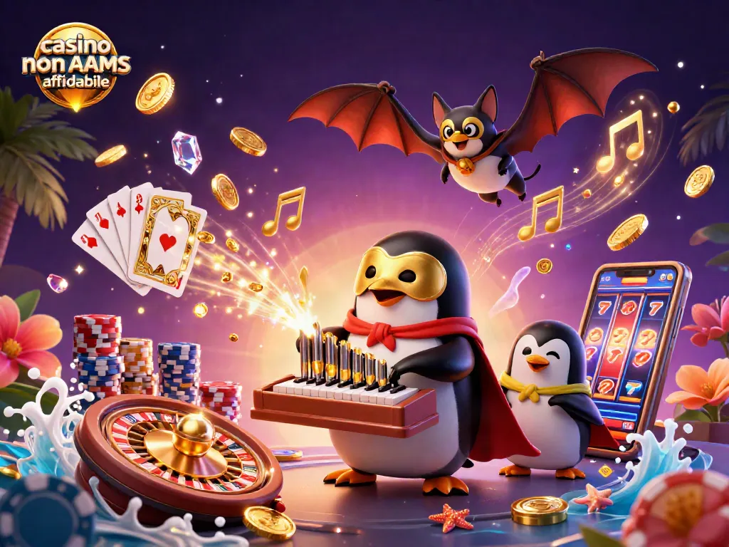 Giocando in un casino non AAMS affidabile con simboli dorati e giochi emozionanti in un'illustrazione 3D ricca di dettagli.