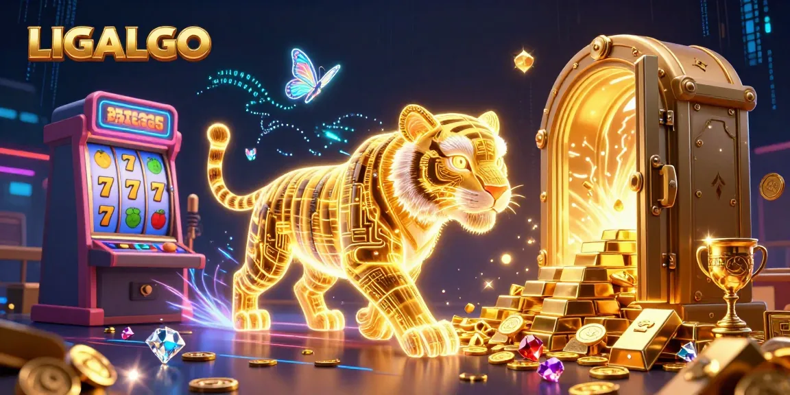 LIGALGO showcases thrilling casino action with a neon tiger amidst gleaming slots and treasures.