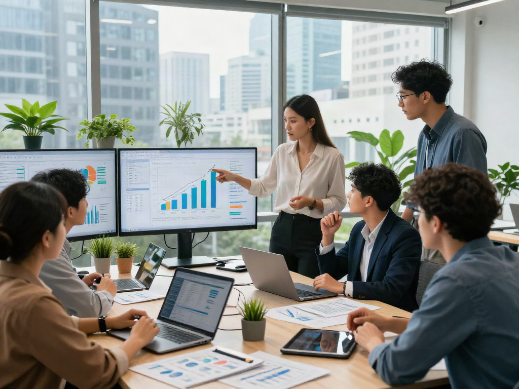 Business professionals discussing bonus new member strategies in a modern office