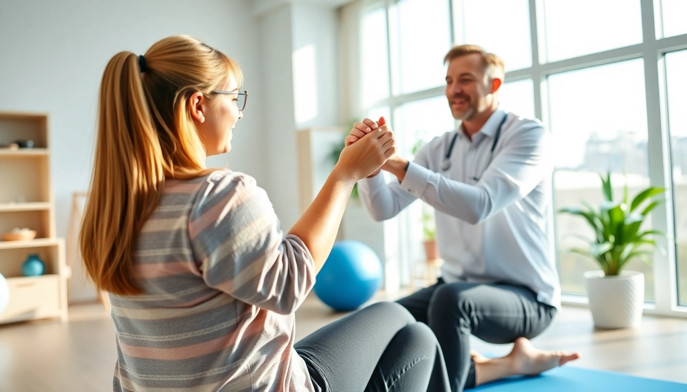 Physiotherapie in action, where a therapist assists a patient with exercises in a bright clinic.