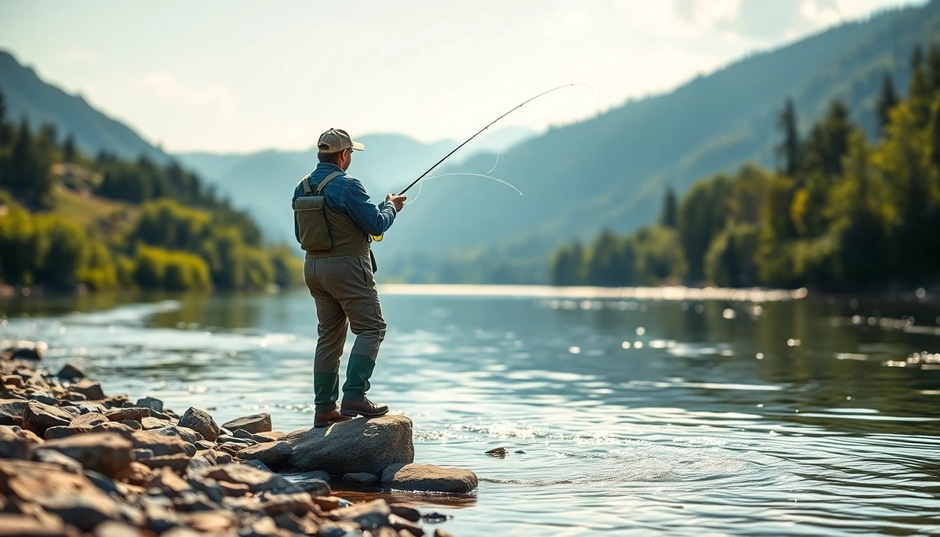 A fisherman casting a line in fly fishing waders surrounded by a serene river landscape.