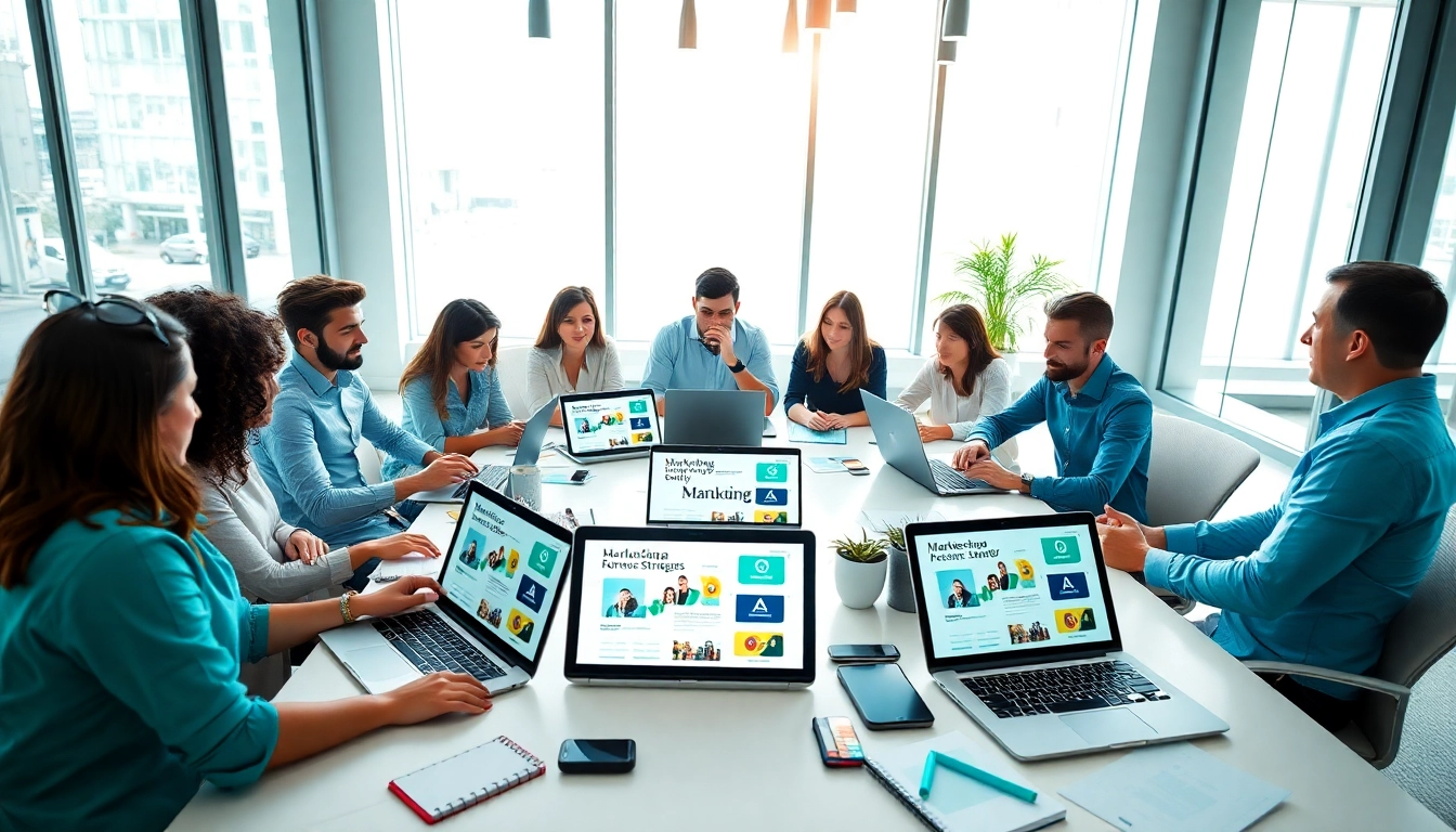 Florida Ad Agency team collaborating creatively in a modern office setting.